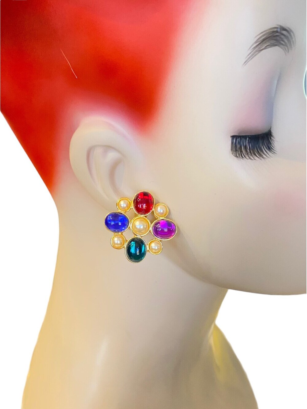 Baroque Purple Amethyst Emerald Sapphire Ruby Faux Pearl Cabs Post Earrings GGG9